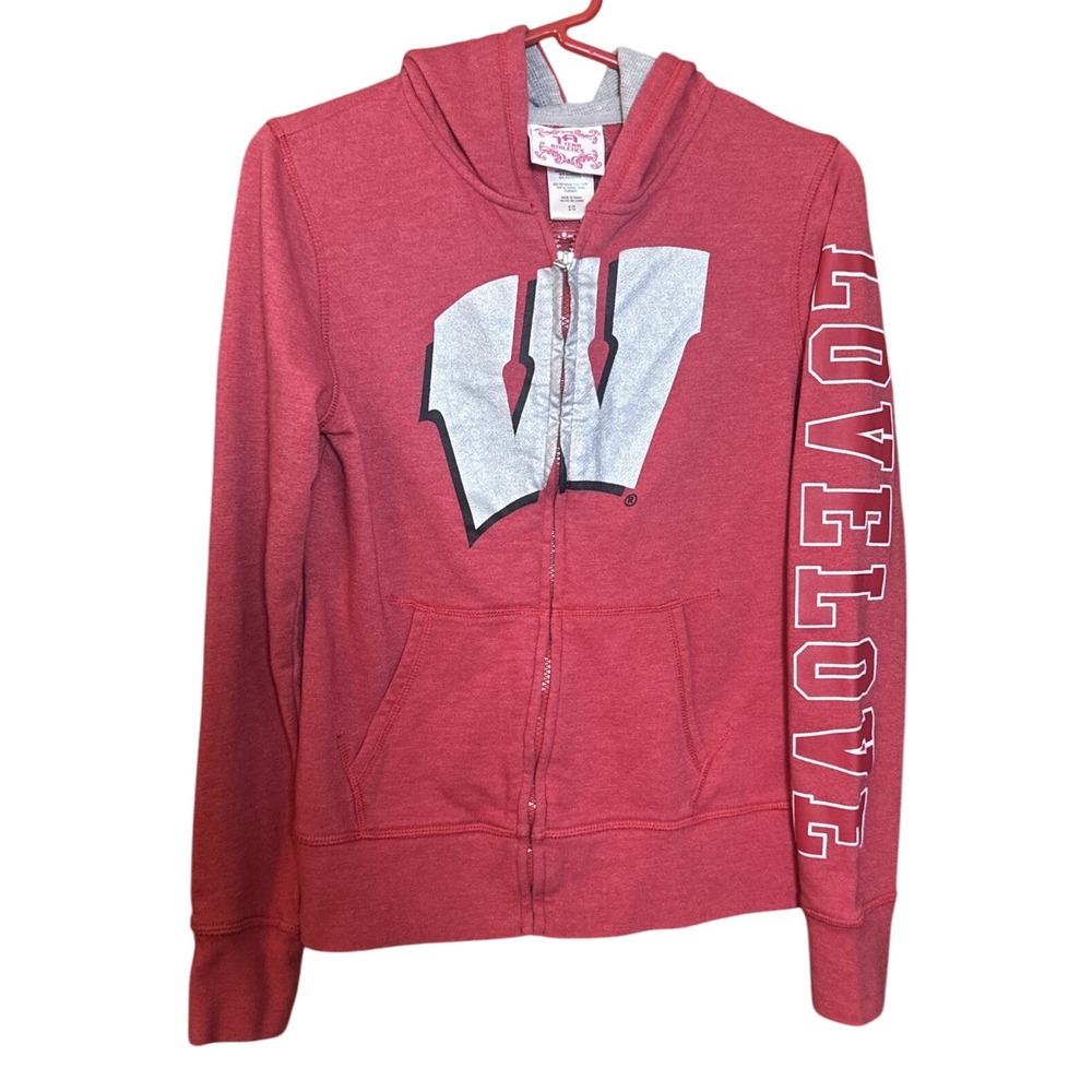 Wisconsin Badgers Girls Hoodie M 7/9 Red Zip Up LOVELOVE Sleeve W Logo NCAA